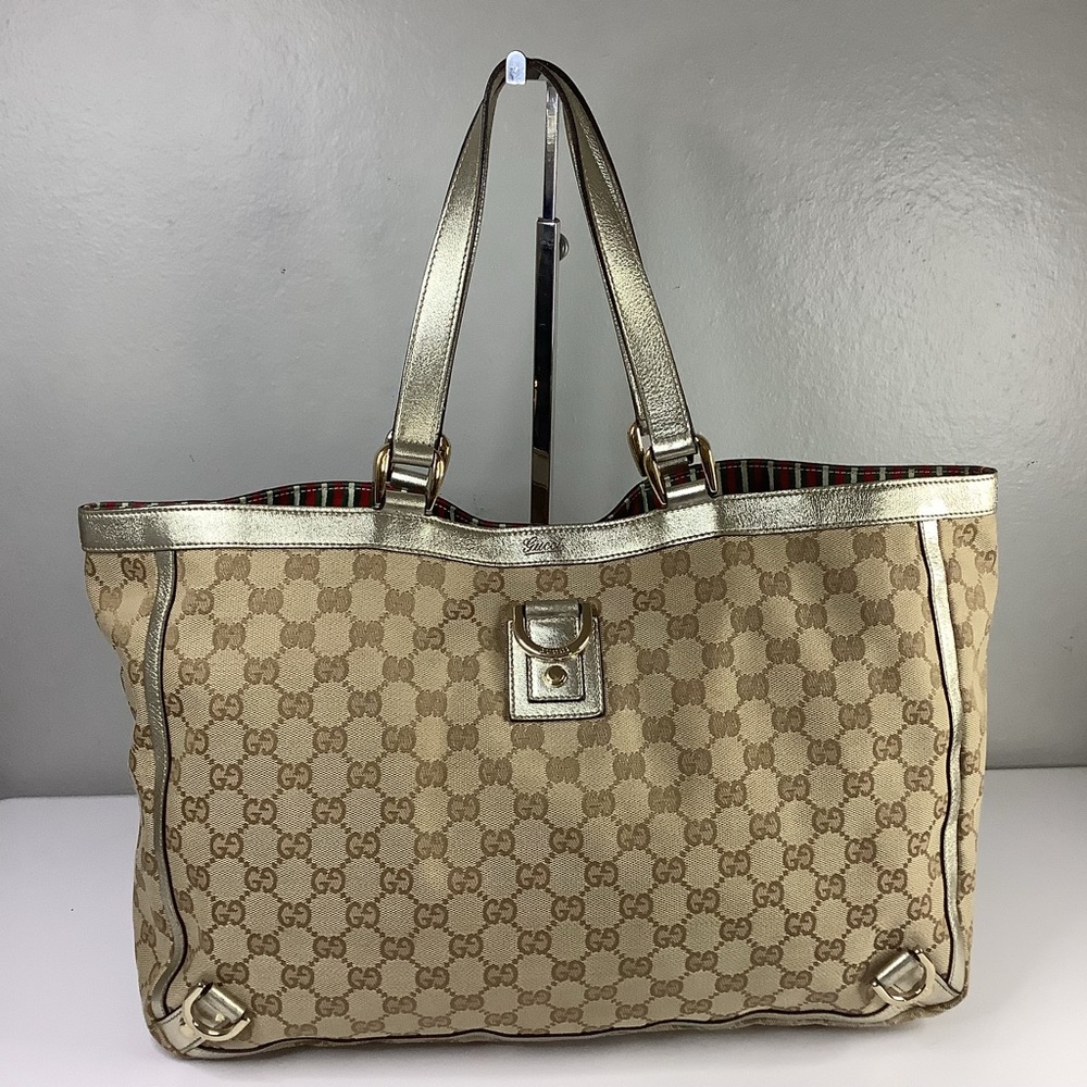 🛍GUCCI Beige/Gold GG Canvas Medium Abbey D Ring Tote Bag